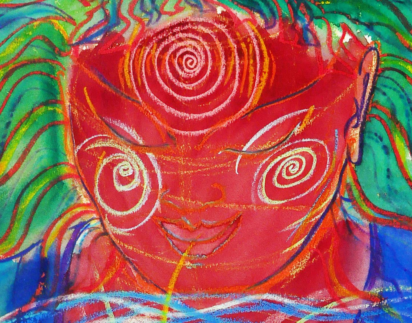 Energy Worker, bright colorful swirling patterns mystical yoga Wild Woman - Painting by Janet Morgan