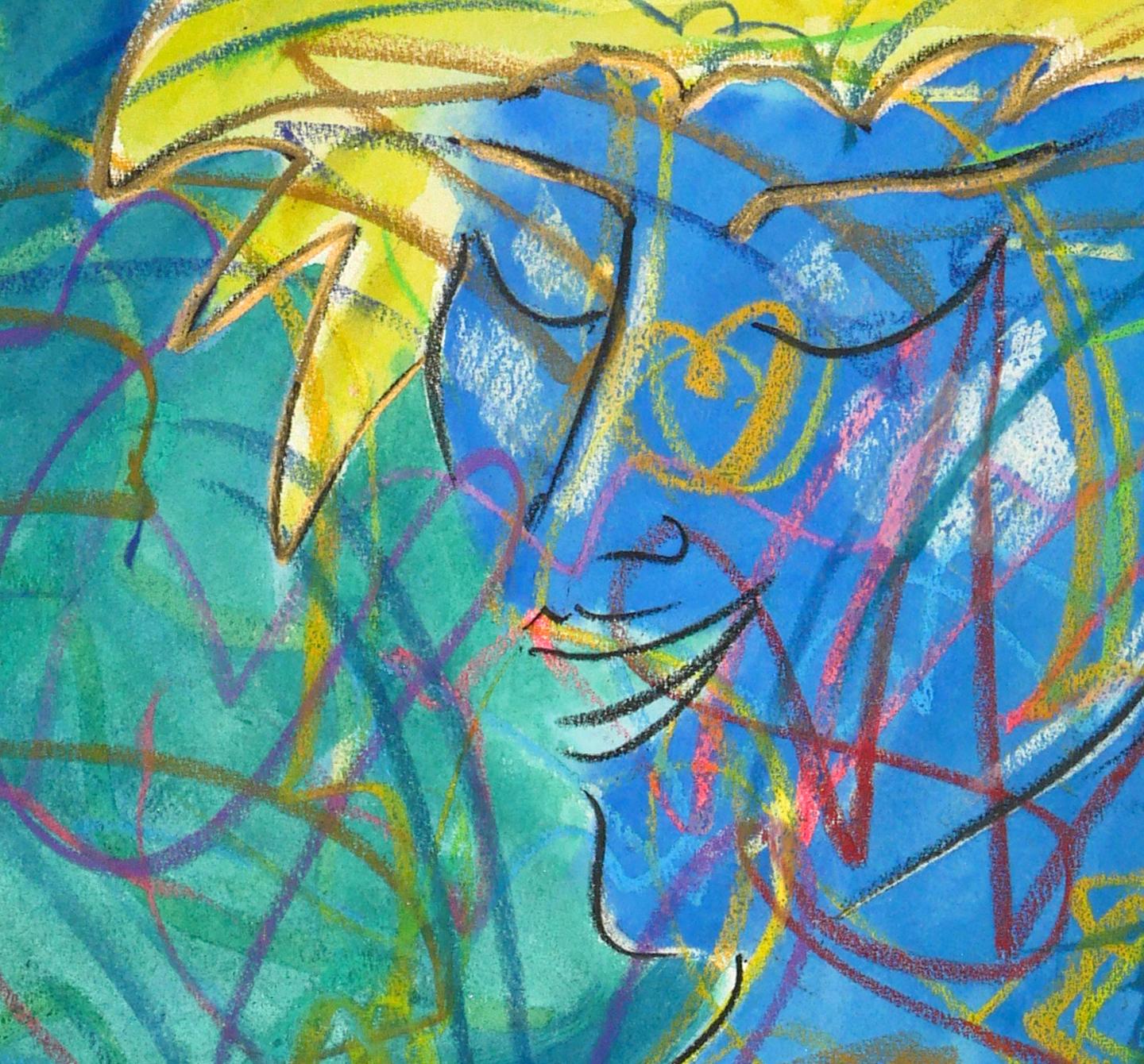 Holder of Light, Wild Woman Series, bright color blue yellow - Art by Janet Morgan