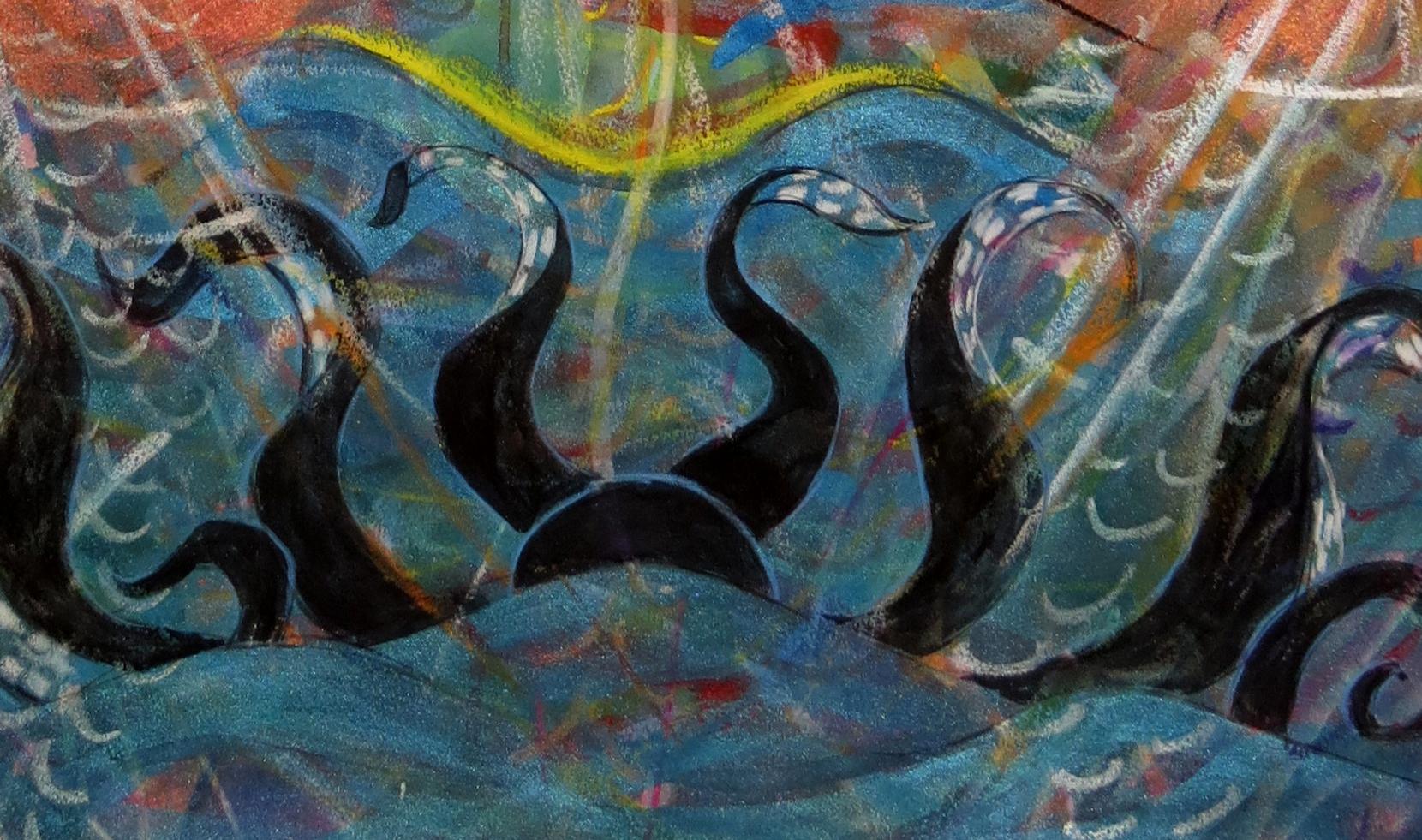 Interspecies Communication, motif mythologique coloré tourbillonnant dans les tons orange - Orange Nude par Janet Morgan
