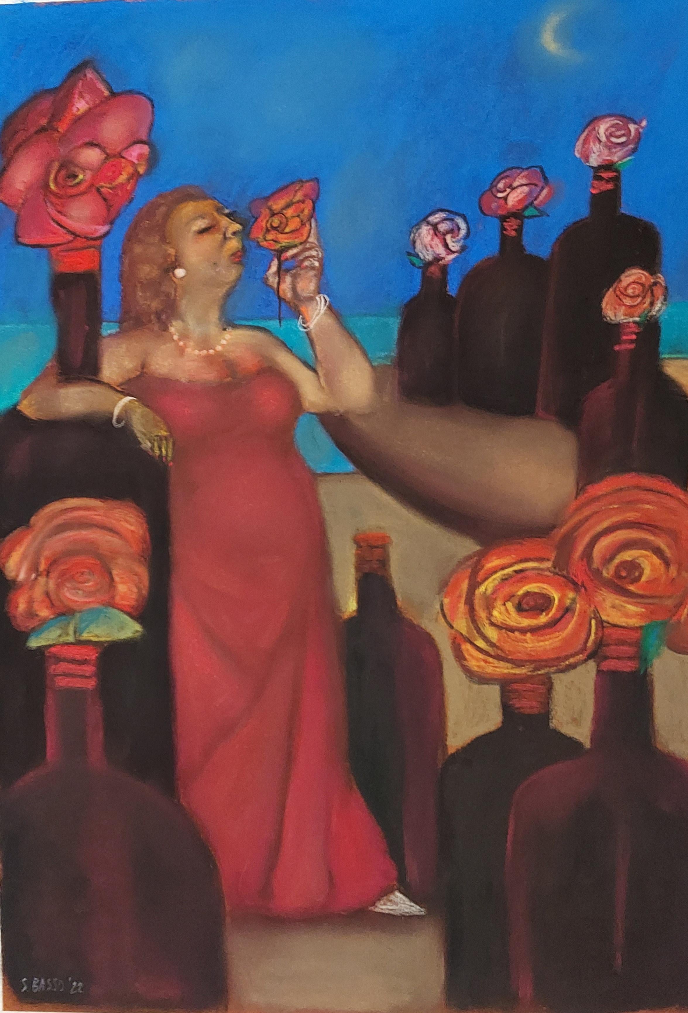 Stephen Basso Figurative Art - Nights of Wine and Roses colorful wine bottles color romantic red dress flowers