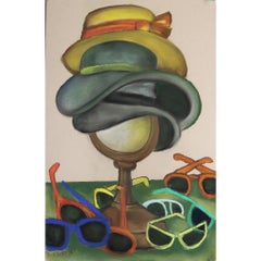 Tower of Glamour. Still life bright colors hats sunglasses and mirror subject