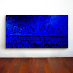 Blue Last supper - Contemporary, 21st Century, Abstract Oil Painting in Blue