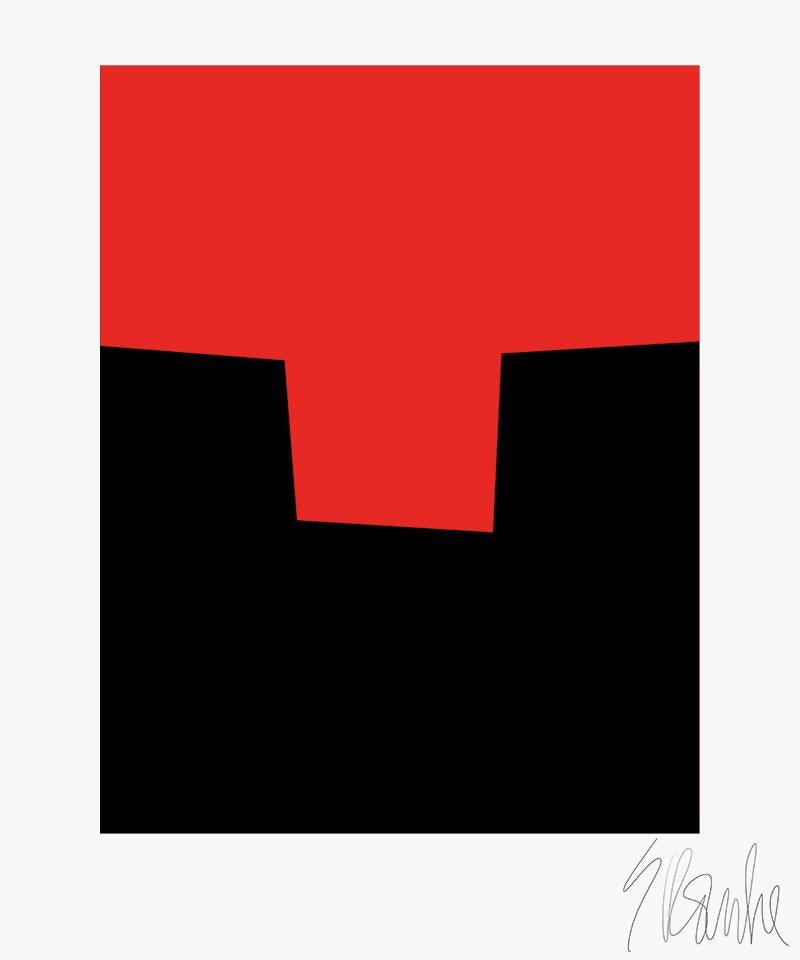 "Red Joins Black" by Liz Roache
(red and black)

This Modern, Mid Century, Contemporary Fine Art Print was created by artist, designer and art educator Liz Roache.  This dynamic color study is powerful and elegant.  A bright red shape on top locks