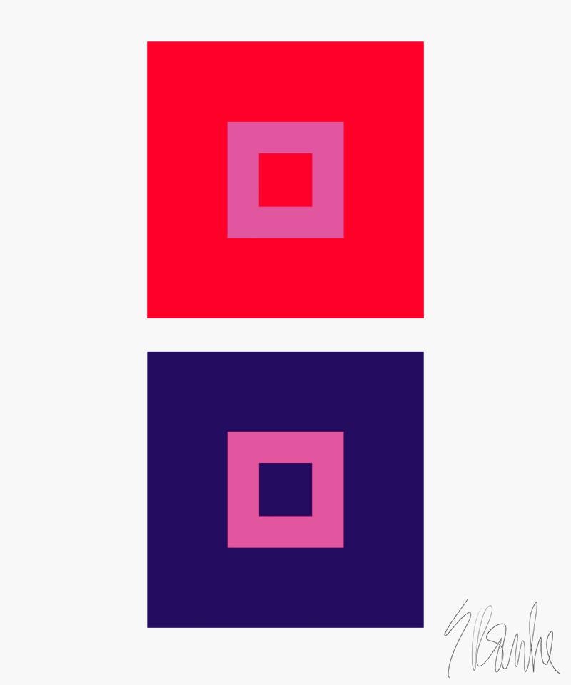 ""Dynamic Color Change No. 1" by Liz Roache
(red and purple)

This Modern, Mid Century, Contemporary Fine Art Print was created by artist, designer and art educator Liz Roache.  This is a super clean and modern color study that is a great example of