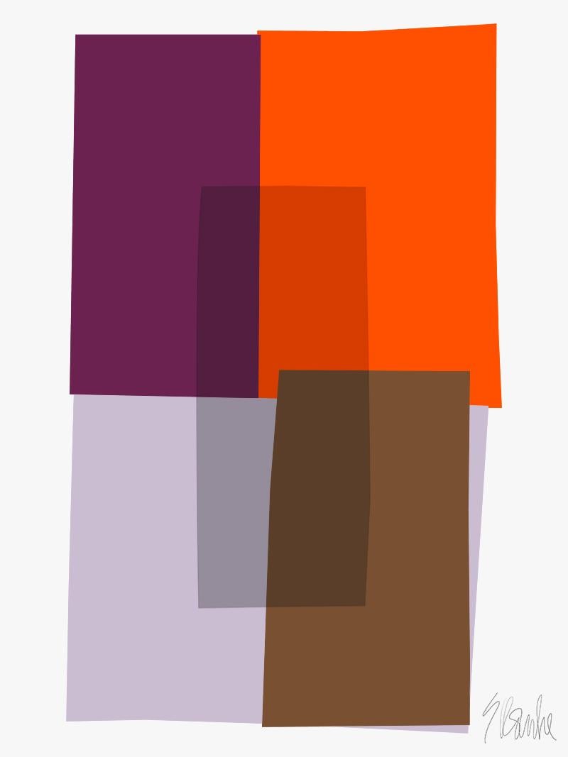 "Purple and Orange Collage" by Liz Roache
(purple and orange)

This Modern, Mid Century, Contemporary Fine Art Print was created by artist, designer and art educator Liz Roache.  This is a very sophisticated color study with strong orange, deep