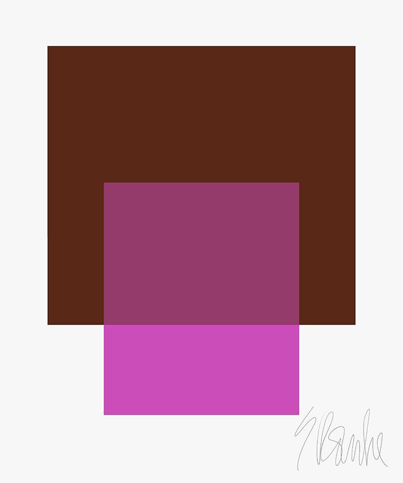 "The Interaction of Espresso and Magenta" by Liz Roache
(purple and brown)

This Modern, Mid Century, Contemporary Fine Art Print was created by artist, designer and art educator Liz Roache.  This is a super clean and modern color study both dynamic