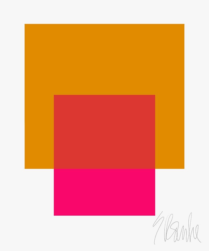"The Interaction of Gold and Deep Pink"" by Liz Roache
(pink and gold)

This Modern, Mid Century, Contemporary Fine Art Print was created by artist, designer and art educator Liz Roache.  This is a super clean and modern color study both dynamic and