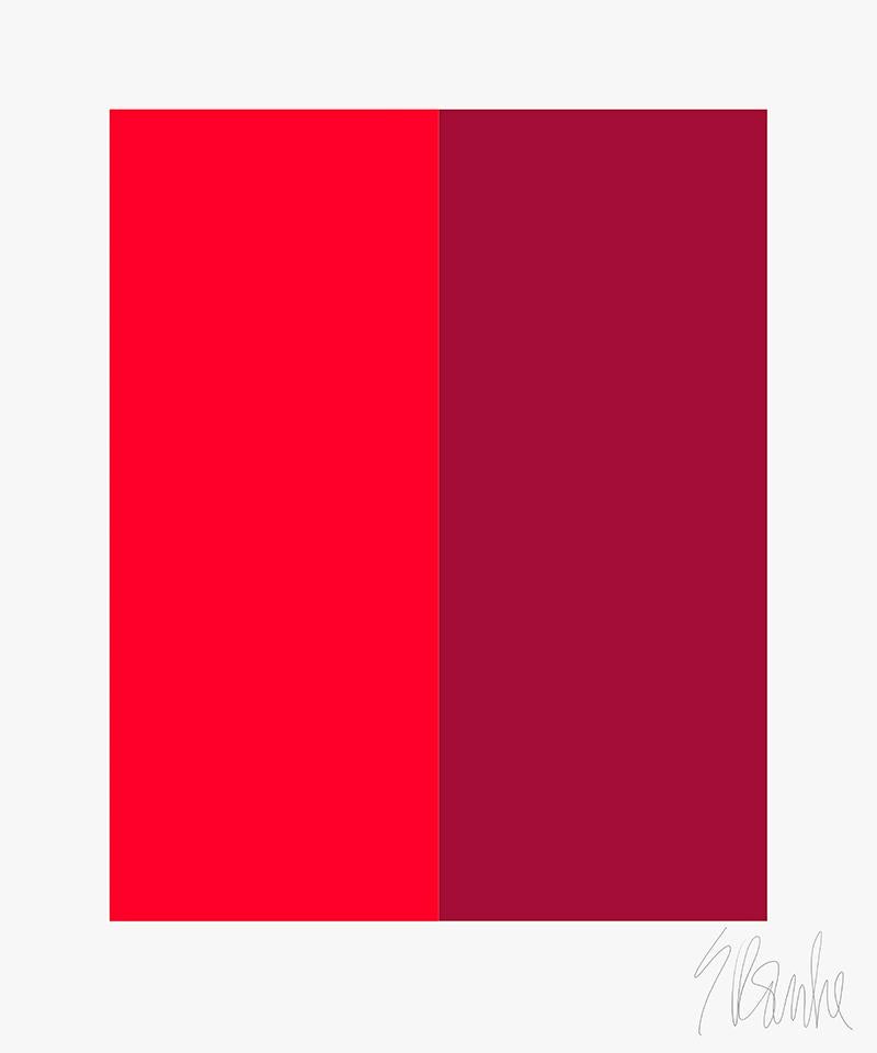 "Color's Cooperation, no. 5" by Liz Roache
(red and maroon)

This Modern, Mid Century, Contemporary Fine Art Print was created by artist, designer and art educator Liz Roache.  This is a super clean and modern color study both dynamic and gorgeous. 