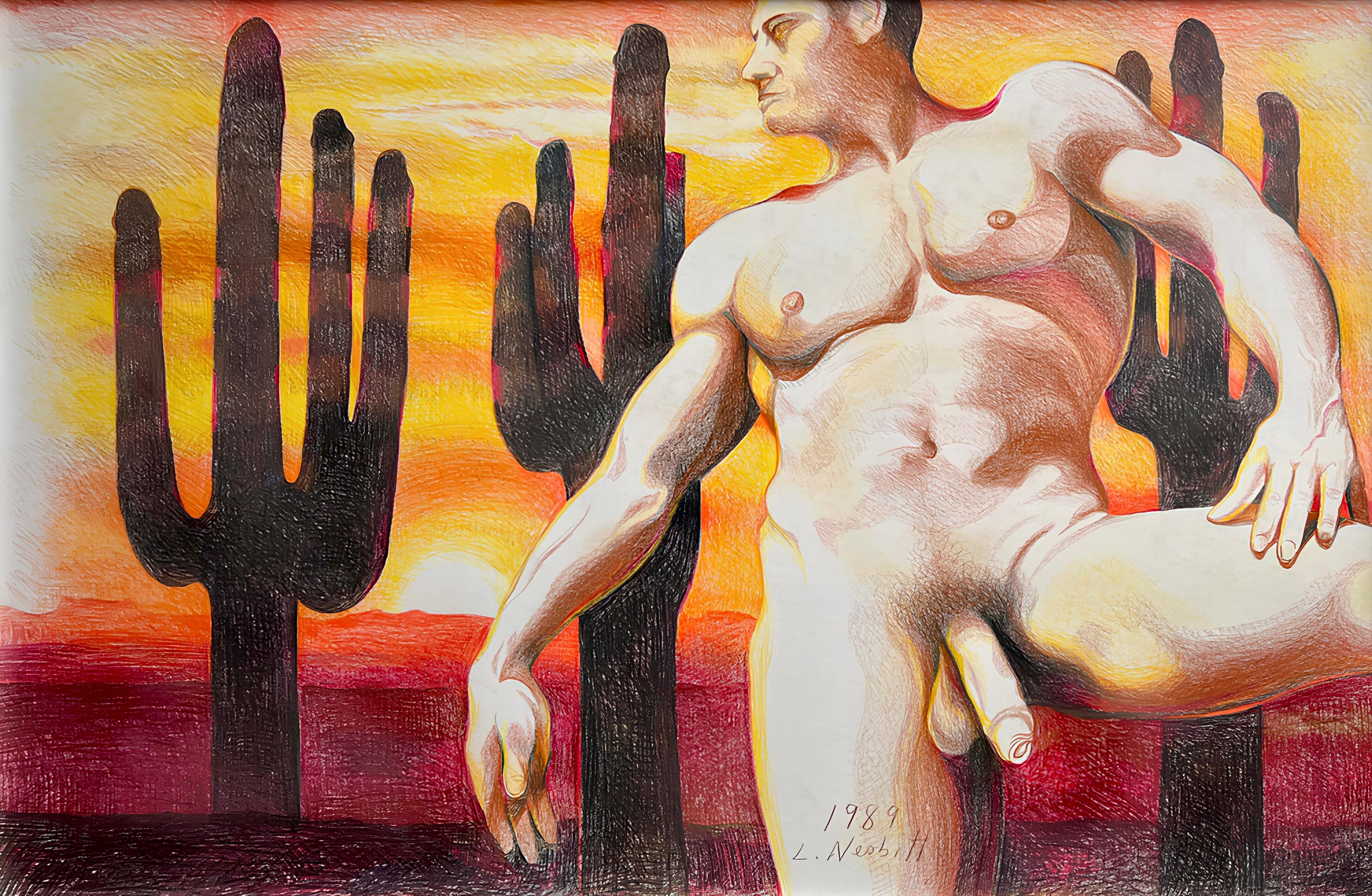 Nude-Serie (Male-Akt in Wüste mit Kakteen), Lowell Nesbitt – Zeichnung