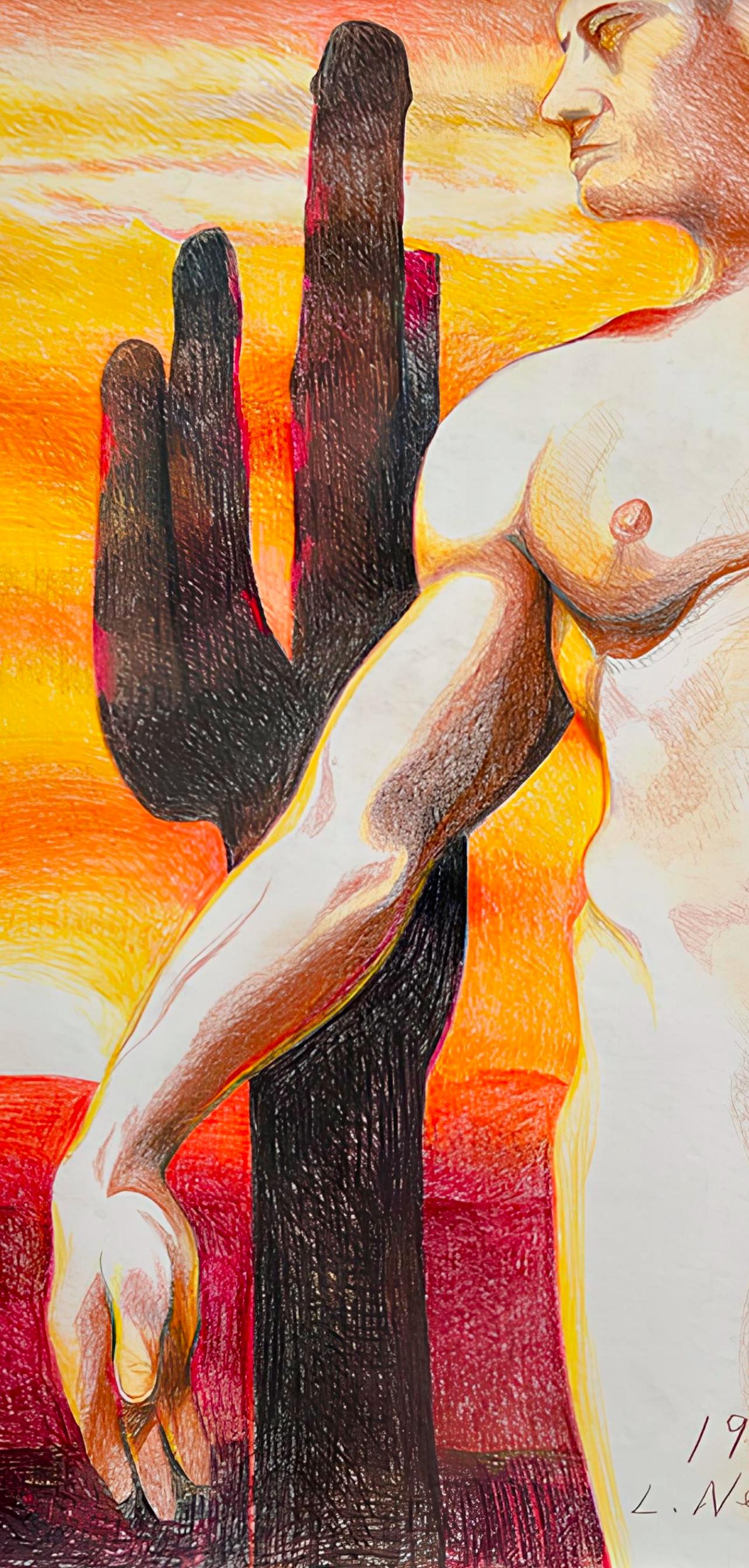 Serie Desnudo (Desnudo masculino en el desierto con cactus), Lowell Nesbitt - Dibujo en venta 3