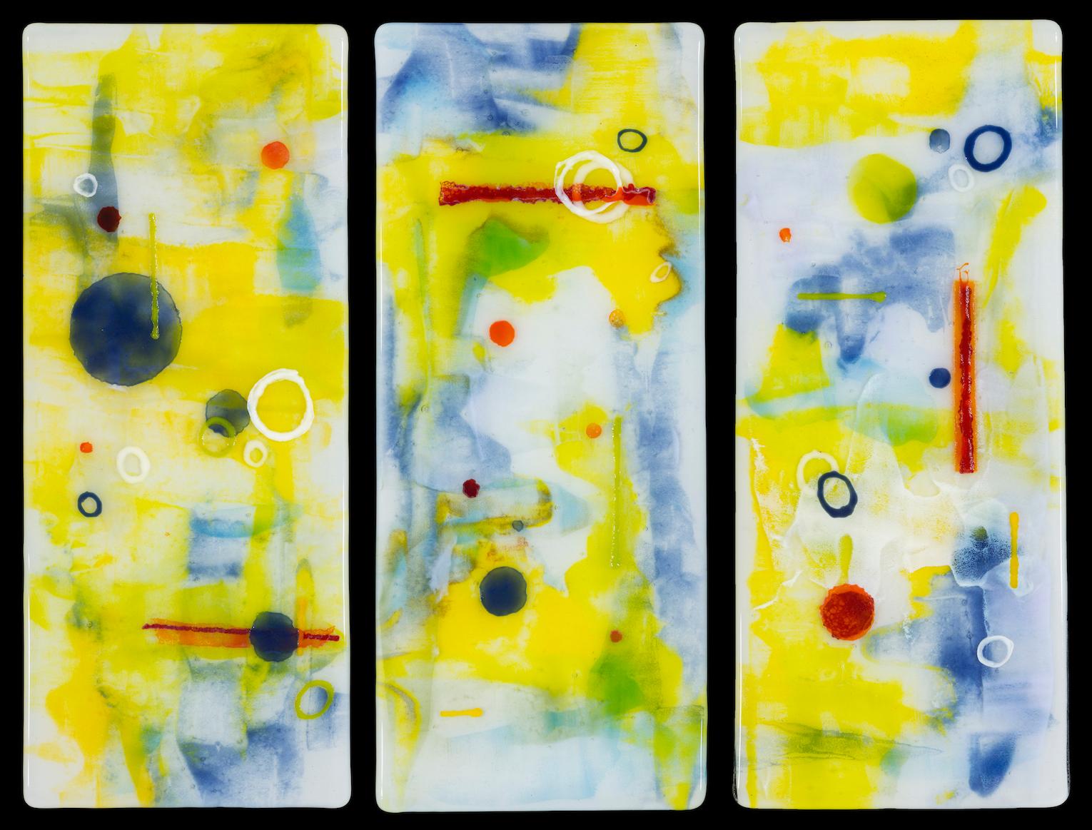 Accent yellow / blue -Glass Quiet Composure triptych -glass texture wall hanging