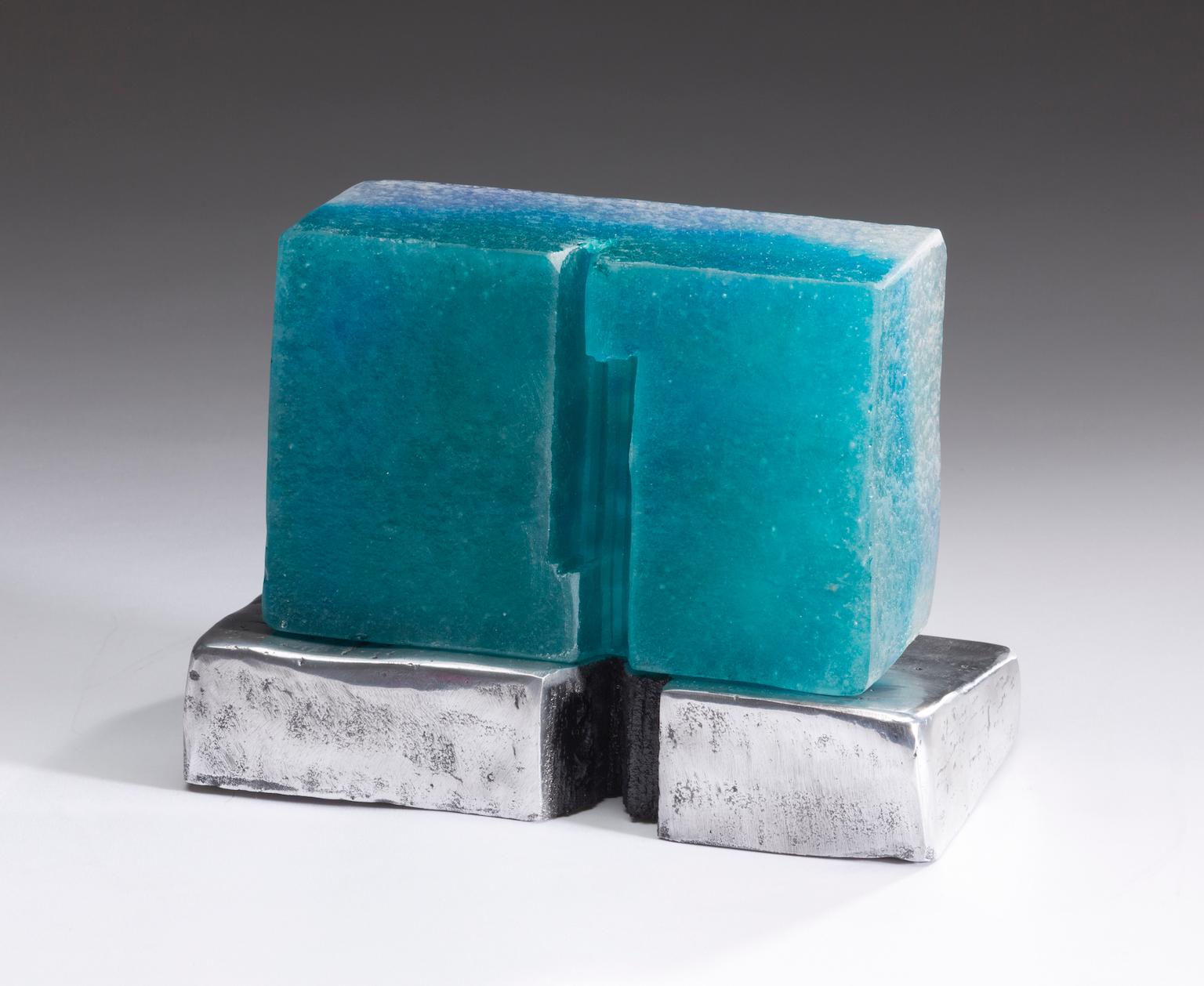  Kiln Casted Glass and Sand Cast Aluminum Modern Tabletop Sculpture Turquoise