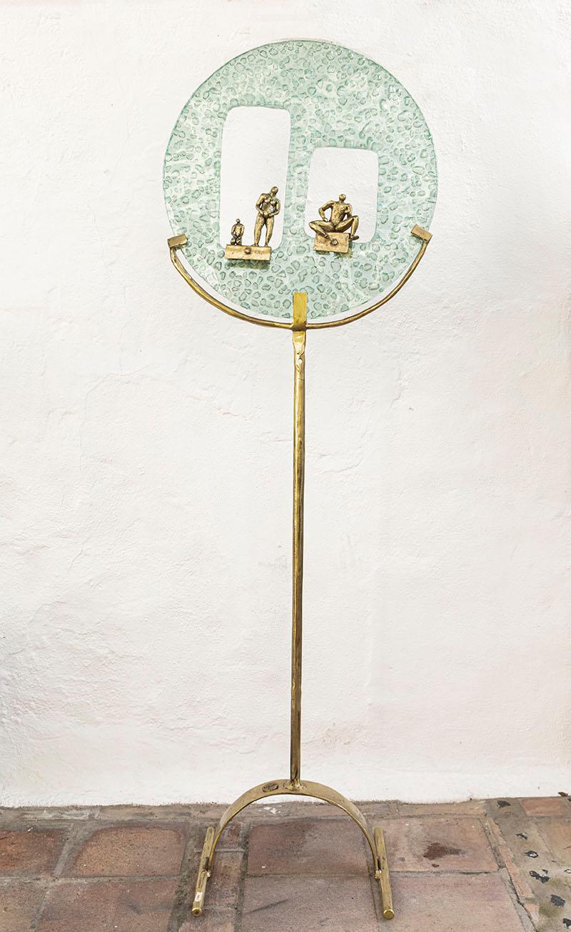  Abstract Sculpture Recycled Glass, Sandcast Metal with Brass Figures "Tuat Den"