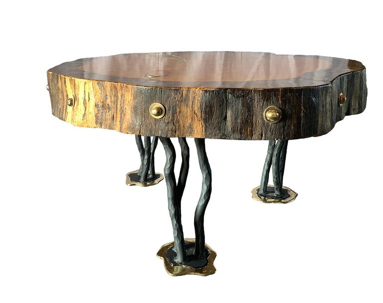 David Marshall Unique Ponderosa Pine Table Raw Brown Wood Metal Brass
