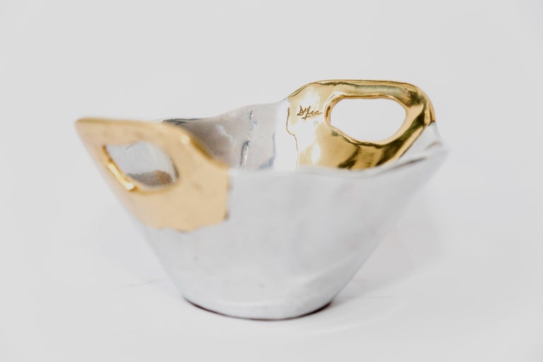 Brutalist Small Basket Bowl Decorative Object Handmade Metal Brass Aluminium For Sale 1