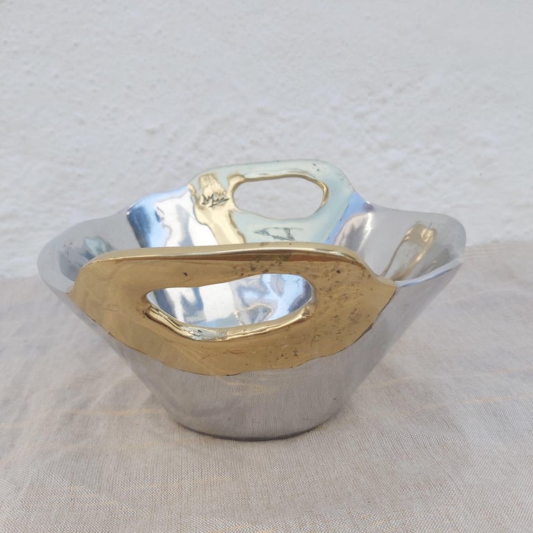 Brutalist Small Basket Bowl Decorative Object Handmade Metal Brass Aluminium For Sale 3