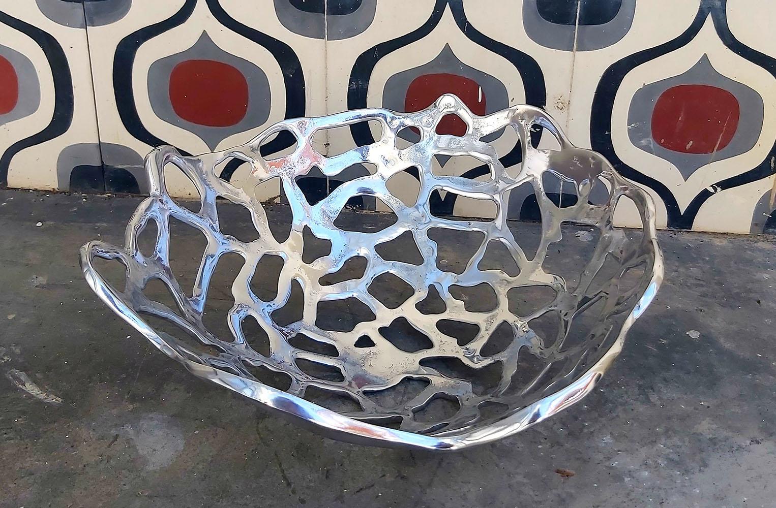 Decorative Object Abstract Metal Mesh Fruit Bowl Handmade in Spain Aluminium  For Sale 1