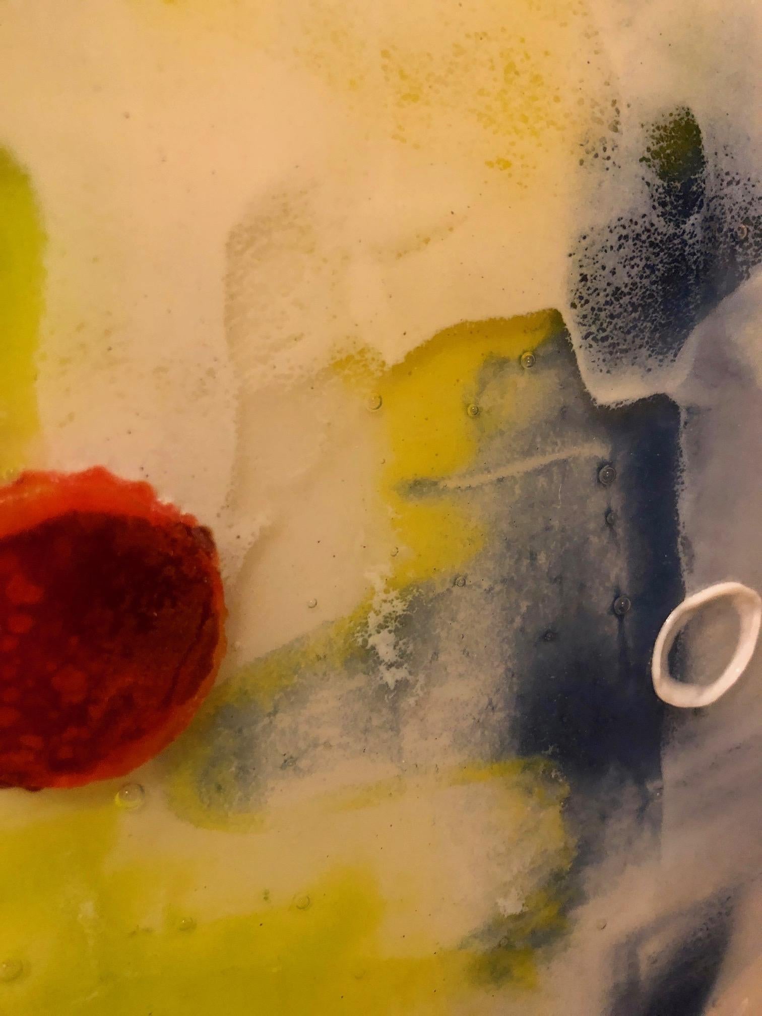 Acento amarillo / azul -Tríptico de vidrio Compostura tranquila -Textura de vidrio colgante de pared - Art Abstracto de Jennifer Baker
