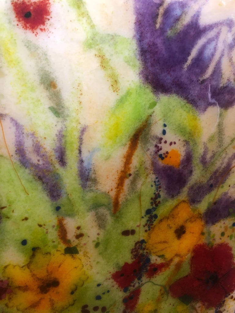 Glass Wall art by Jennifer Baker Flower scene in Glass, Red, Purple, Floral For Sale 1