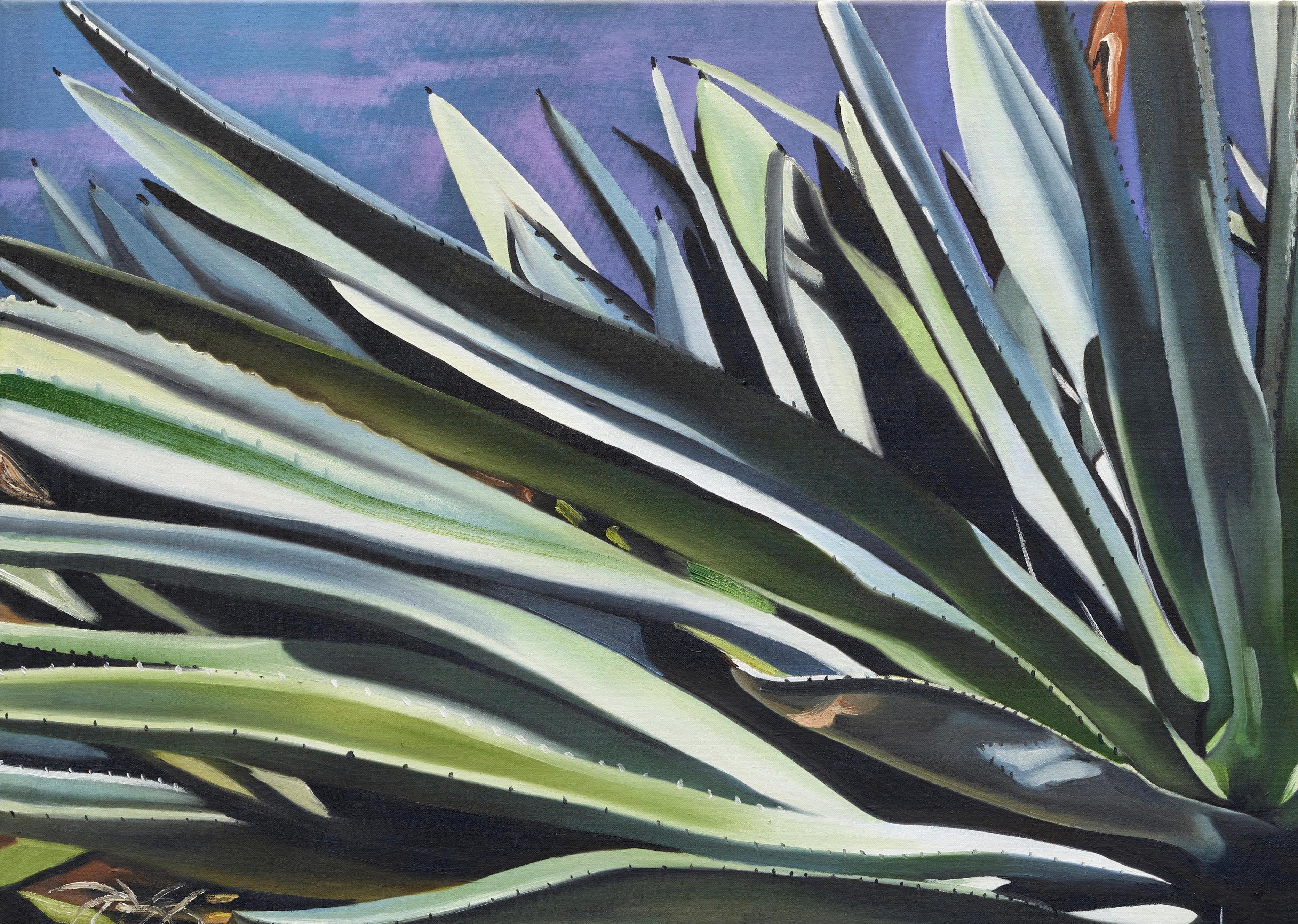 orom id atset (2) / figuration, agave, green, blue, photorealism, landscape - Painting by Silke Albrecht