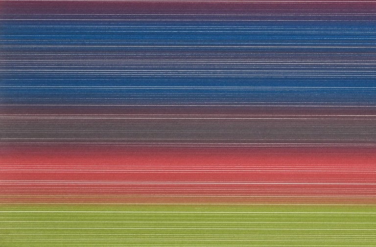 Ignacio Uriarte created “Farbverlauf 2” (“Color Gradient 2”) by drawing straight lines, with the help of a so-called drawing machine, with almost empty markers that had been refilled by him with a specific color. After a few lines had been executed