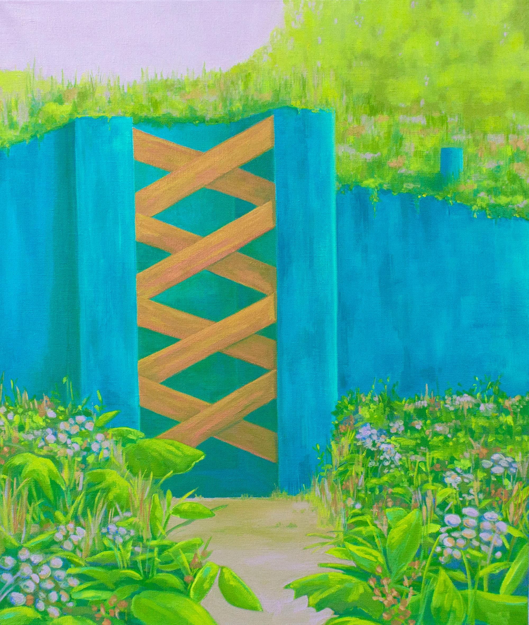 "BLUE BORDER WALL", oil painting on canvas, blue, green, violet, flowers & gate