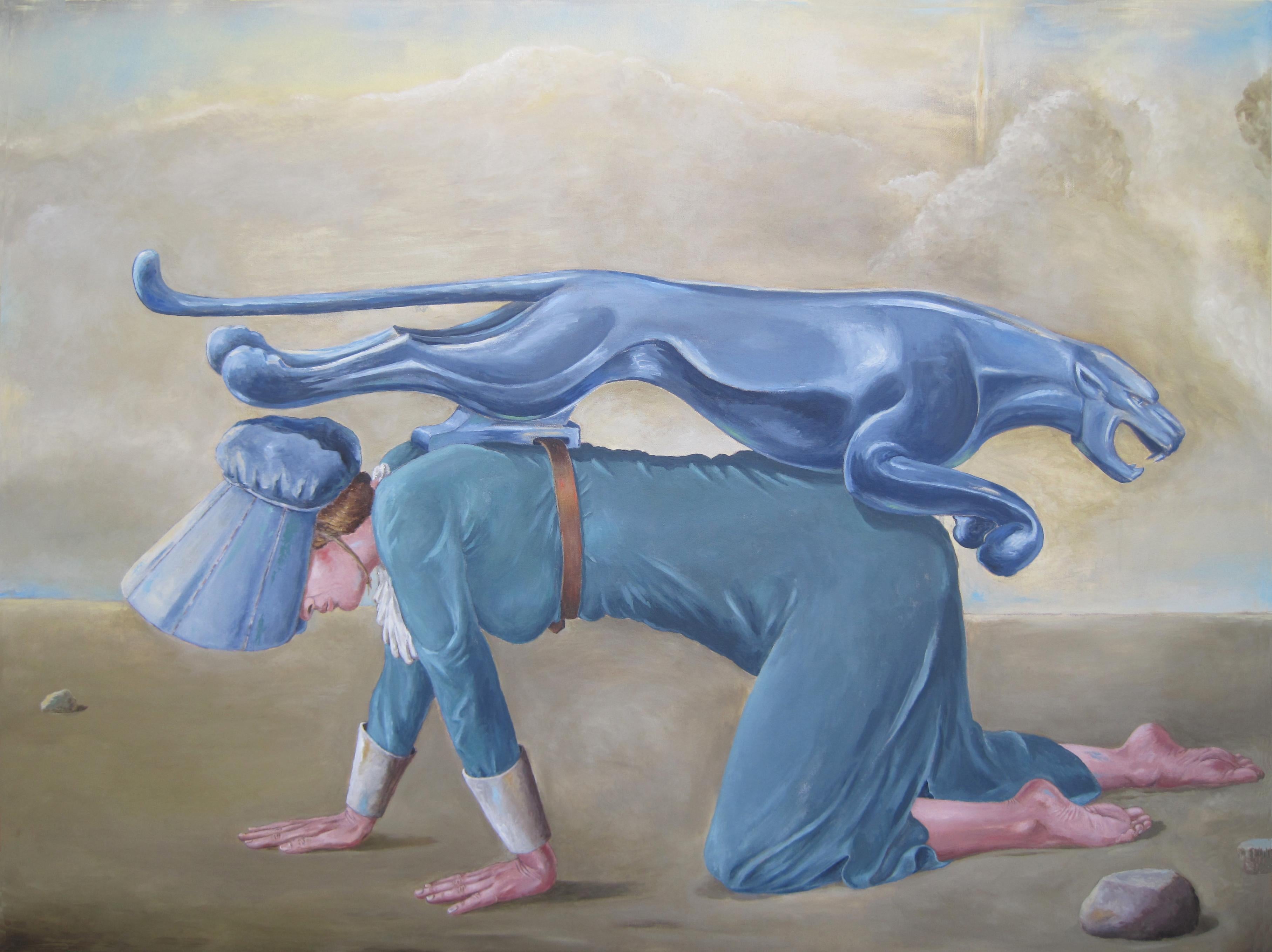 Tony Geiger Figurative Painting – "CURSE OF THE CAT PEOPLE", Gemälde, viktorianisch, Jaguar, surrealistischer Traum, Symbol