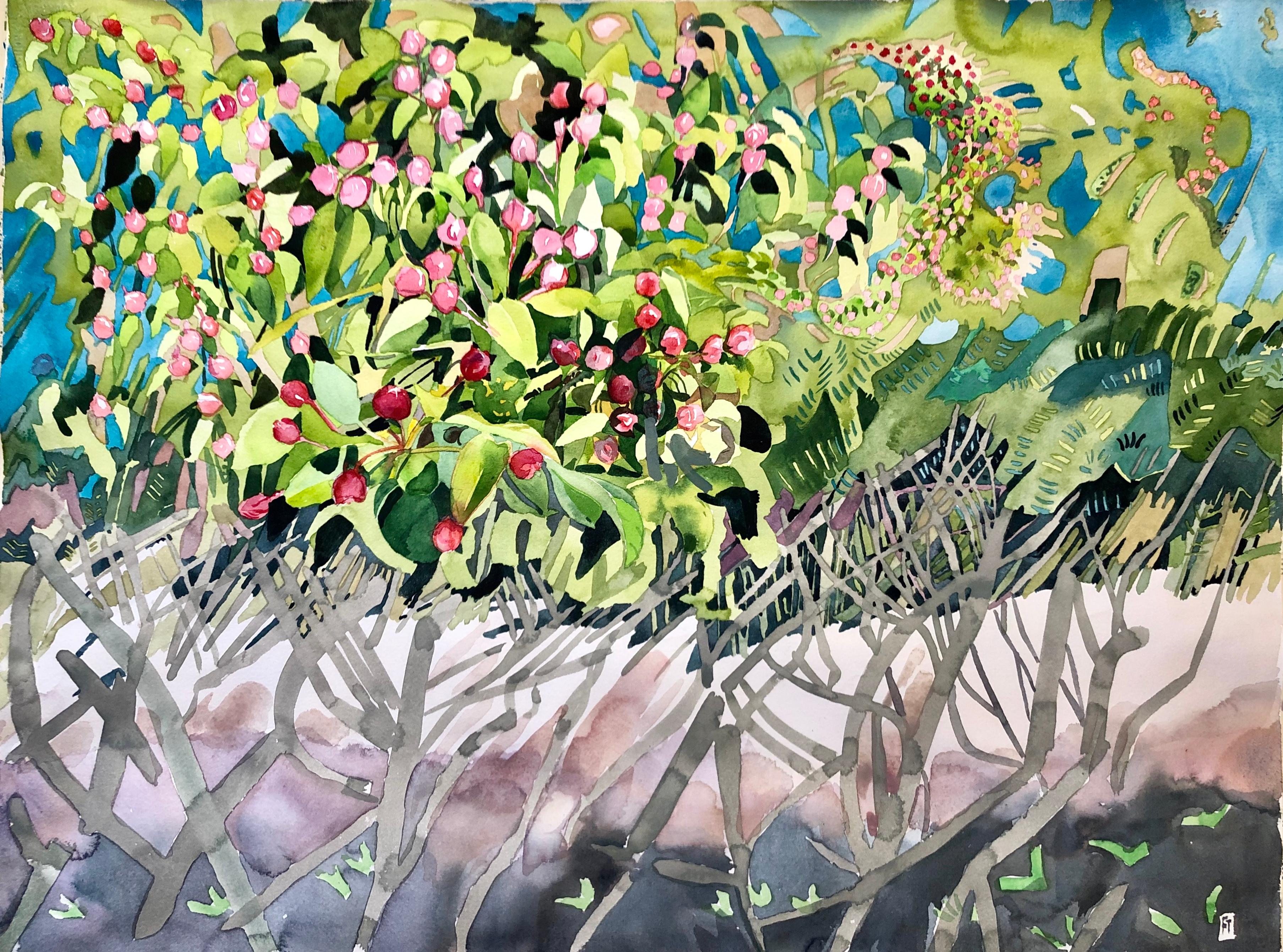 "APPLE BLOSSOM AND YEW", watercolor, flowers, tree, berries fruit, flora pattern