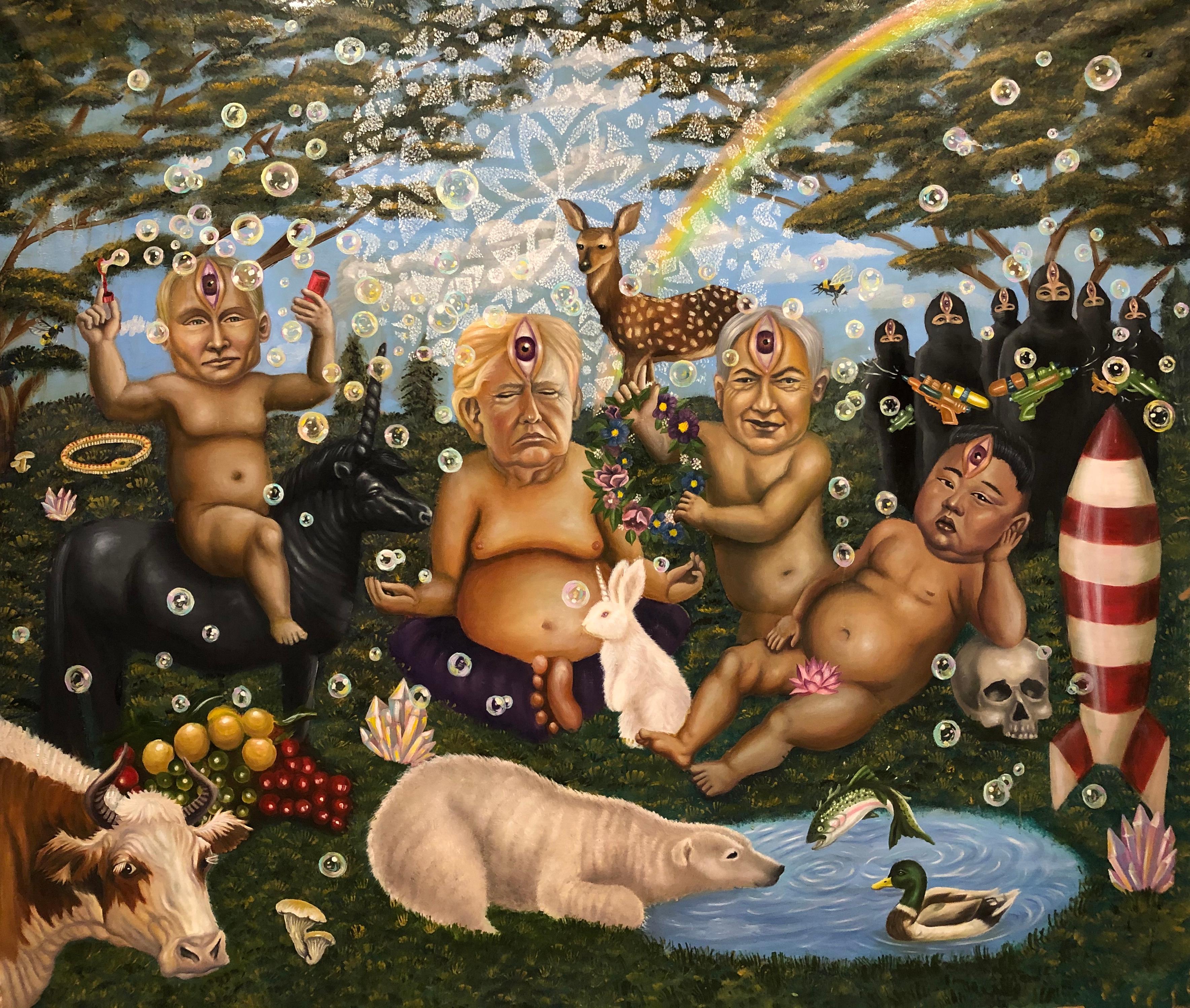 "CHILDREN OF THE SUN", oil painting, axis politics, garden, fantasy, allegory