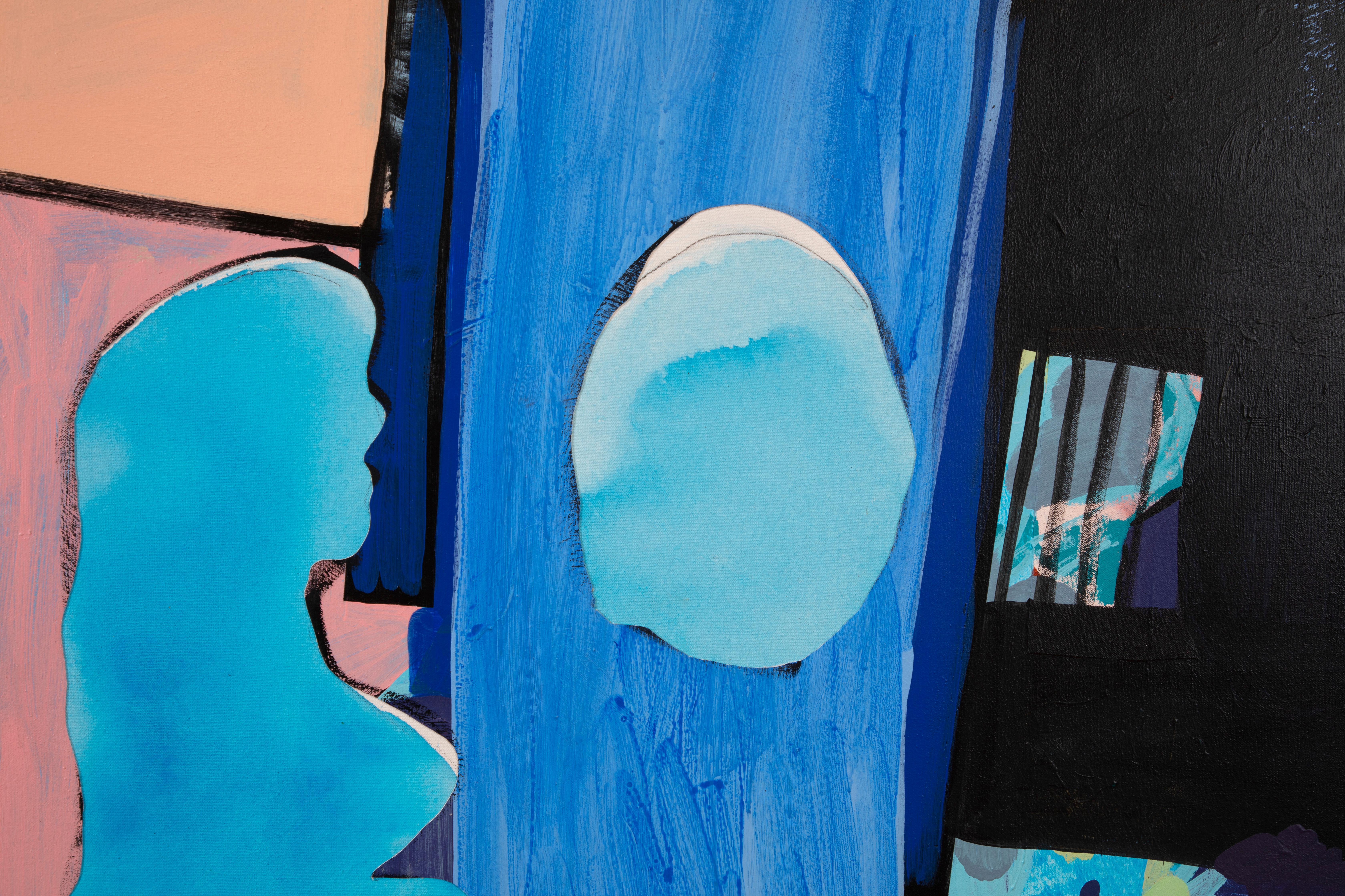 «AUTOMATON BACKDROP », peinture figurative, huile et acrylique sur toile, femme bleue - Painting de Libby Rosa