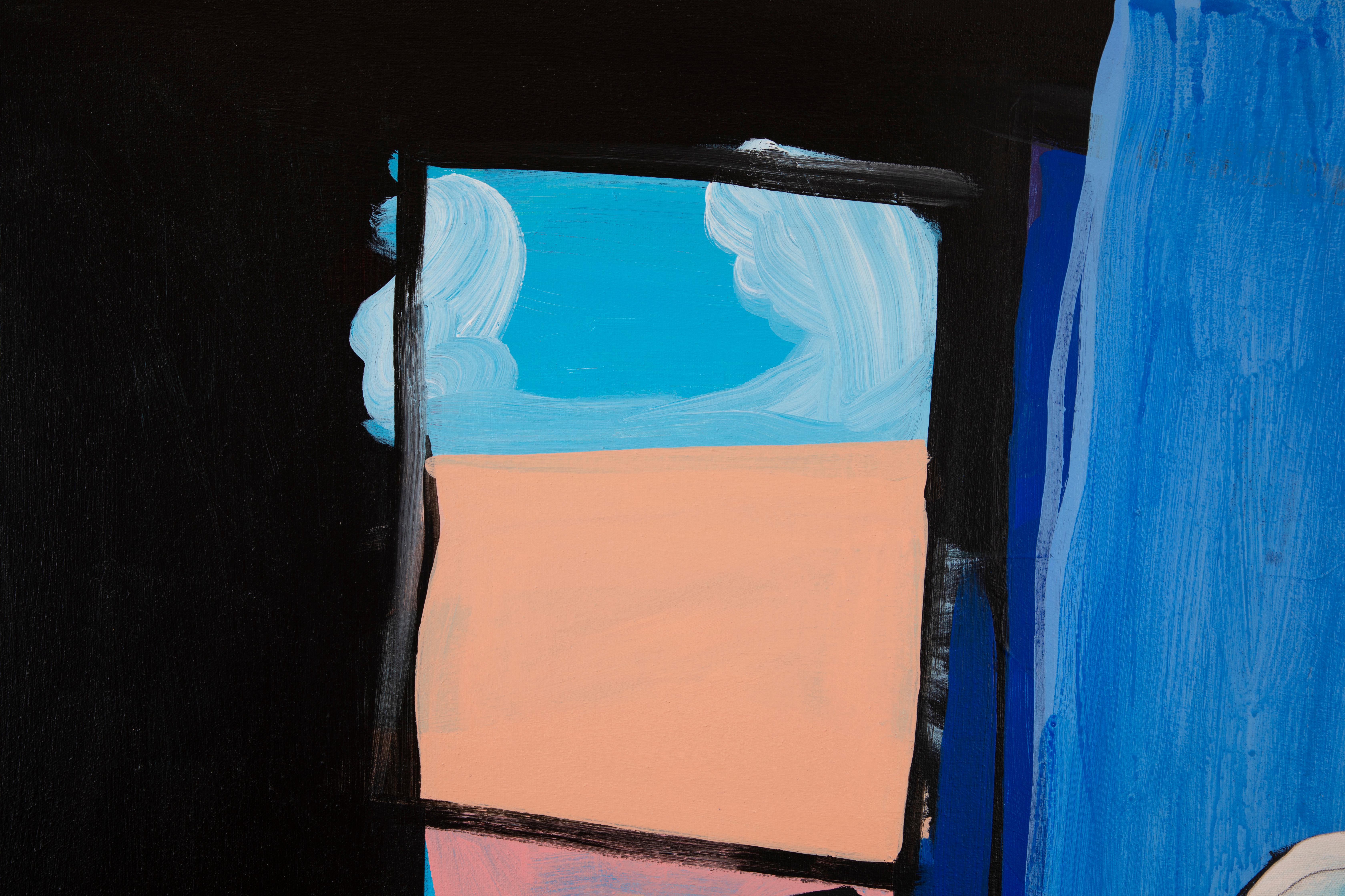 „AUTOMATON BACKDROP“, Figuratives Gemälde, Öl und Acryl auf Leinwand, Blaue Frau (Zeitgenössisch), Painting, von Libby Rosa
