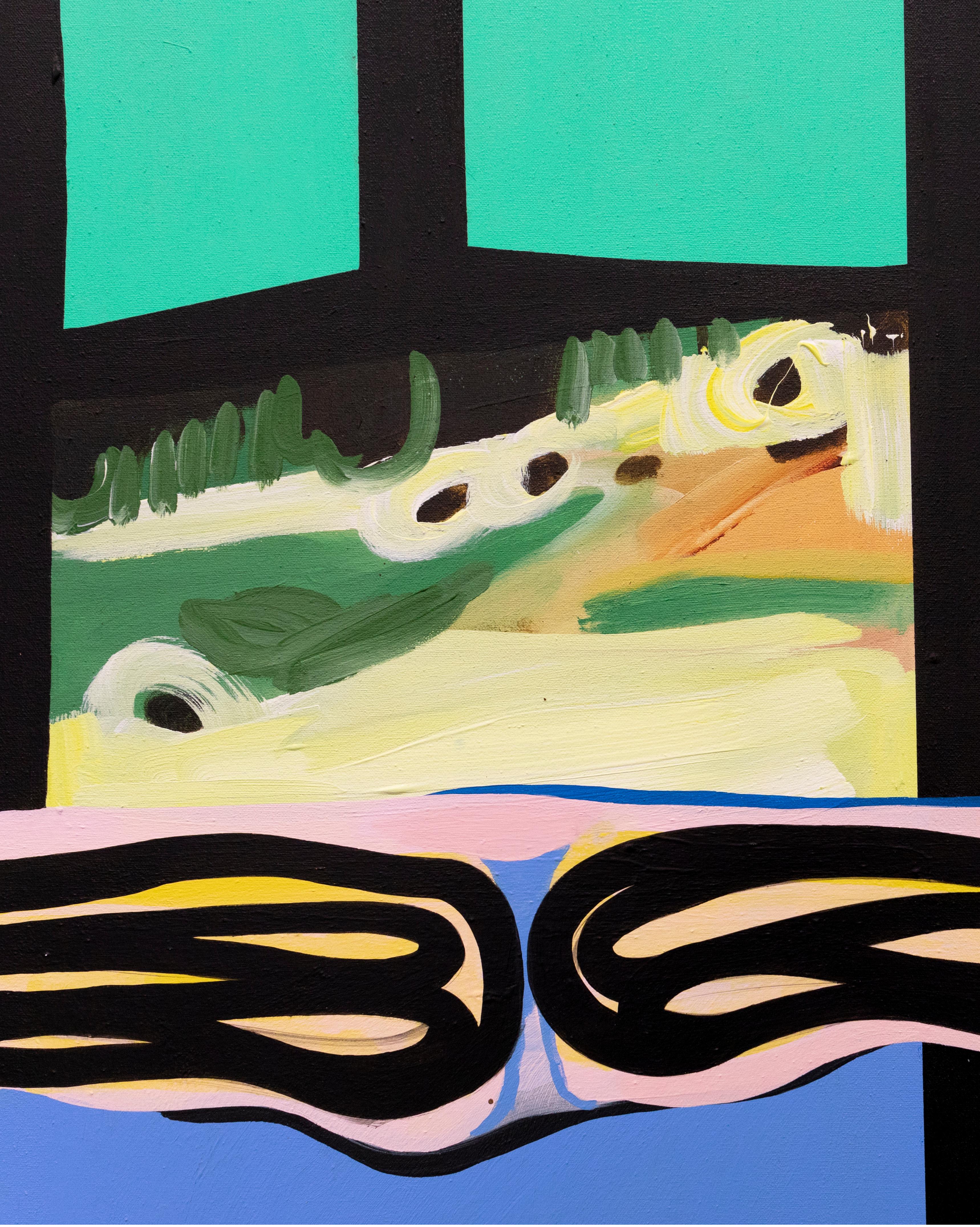 « CLOUD », peinture abstraite, fenêtre avec ciel et nuages, bleu, vert, champs dorés - Painting de Libby Rosa