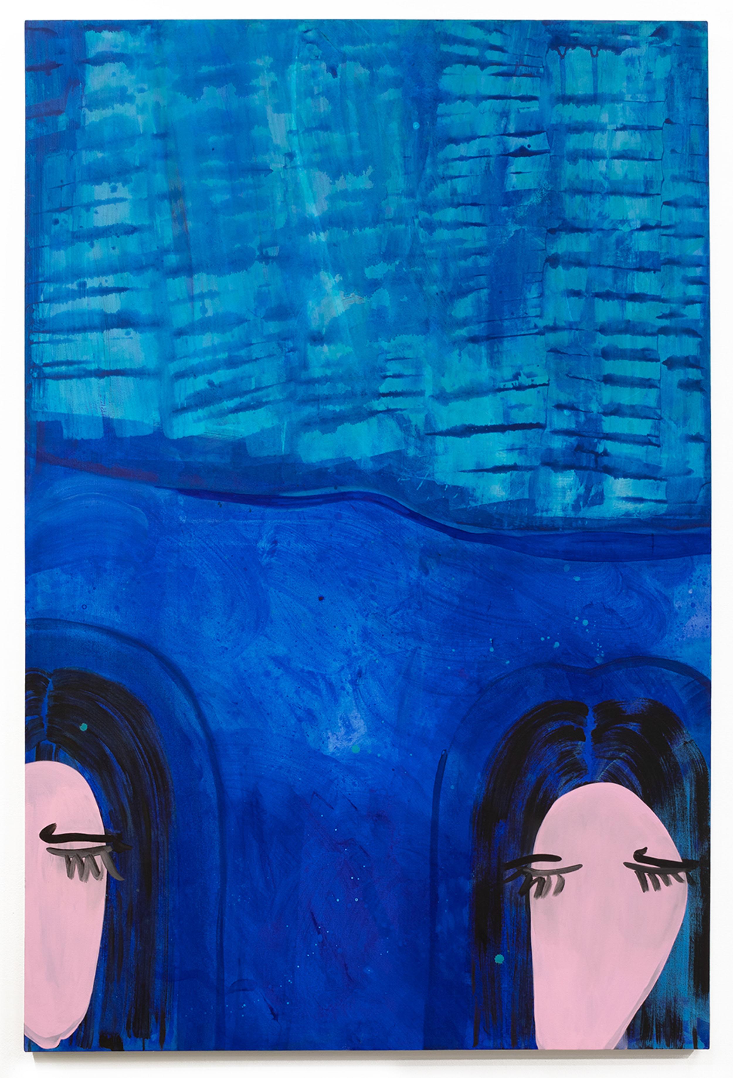 "SISTERS", Abstract, Figurative Painting, Acrylic on Canvas, Women, Blue Water