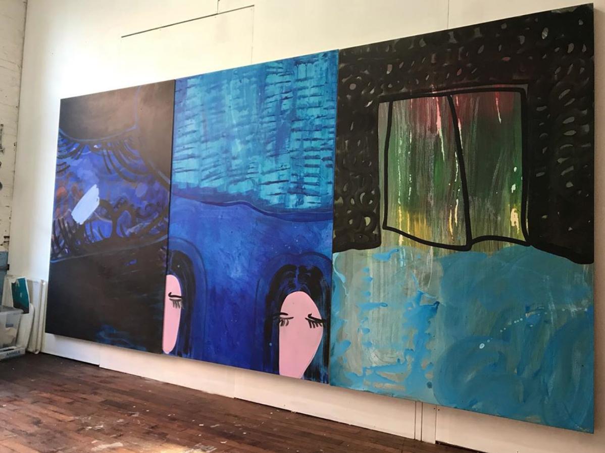 « SISTERS », peinture abstraite figurative, acrylique sur toile, femmes, eau bleue - Bleu Figurative Painting par Libby Rosa