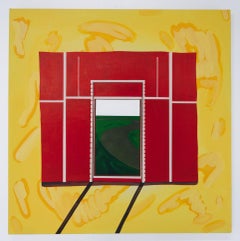 "PHONY FRAME", Abstract Painting, Acrylic and Collage on Canvas, Red, Yellow