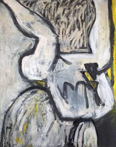 "STREET OPHELIA", Painting, Oil on Canvas, Nude Woman on Cream, Black Line, Rose