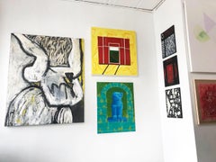 "STREET OPHELIA", Painting, Oil on Canvas, Nude Woman on Cream, Black Line, Rose