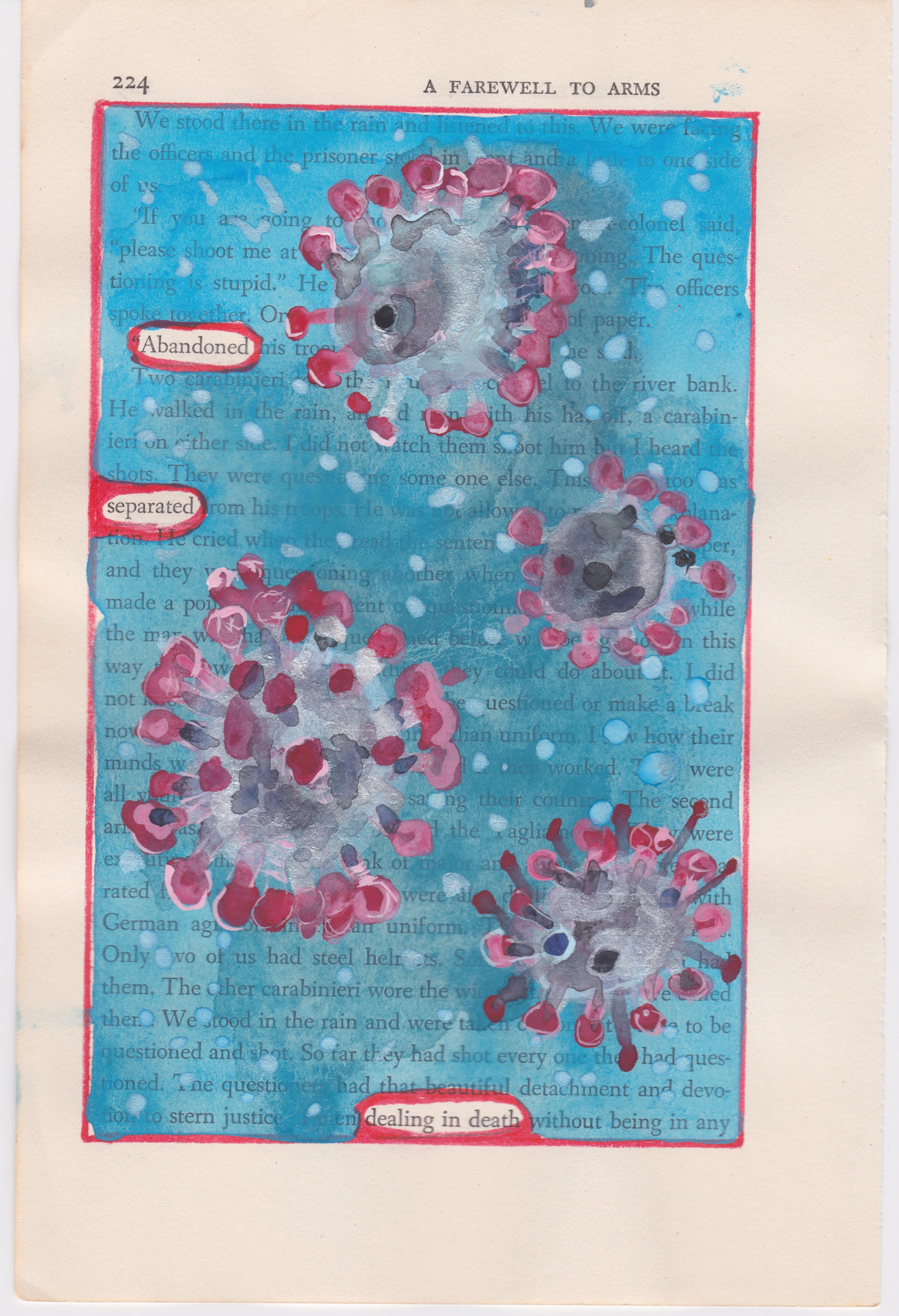 Amy Williams Abstract Drawing - "#224 – ABANDONED, SEPARATED", ink, pencil, gouache, found book, poetry, virus