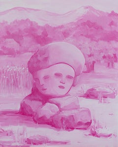 "CIUDADANO DUAL", óleo sobre tabla, dos cabezas, caras, rosa, rosa, paisaje