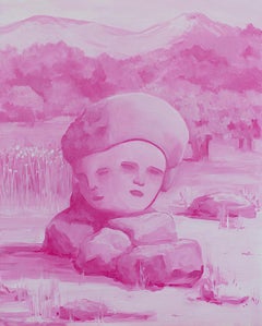 "DUAL CITIZEN", oil painting on panel, two heads, faces, rose, pink, landscape