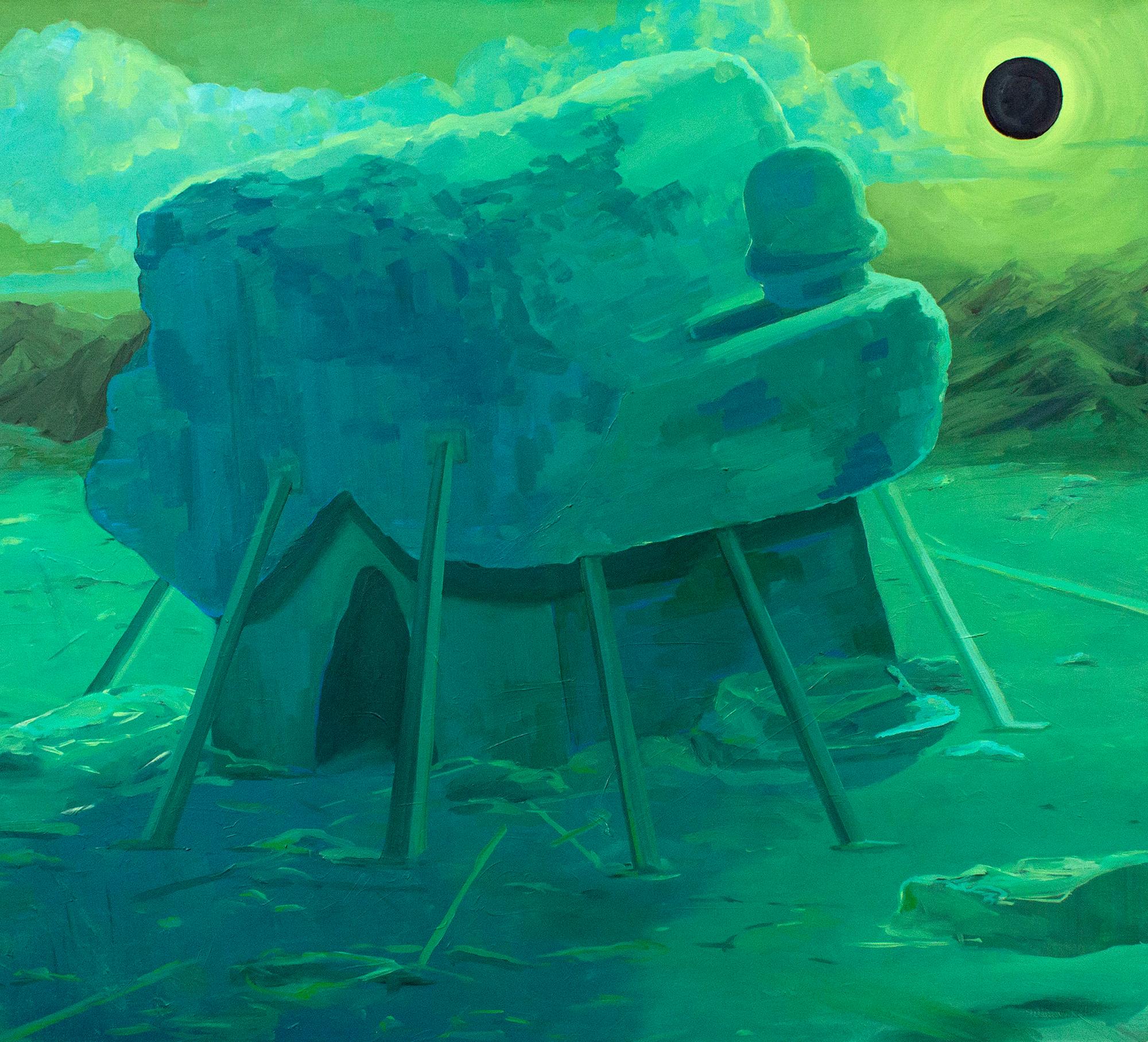 "ECLIPSE", oil painting on canvas, hut, habitat, home, sun, moon, migration
