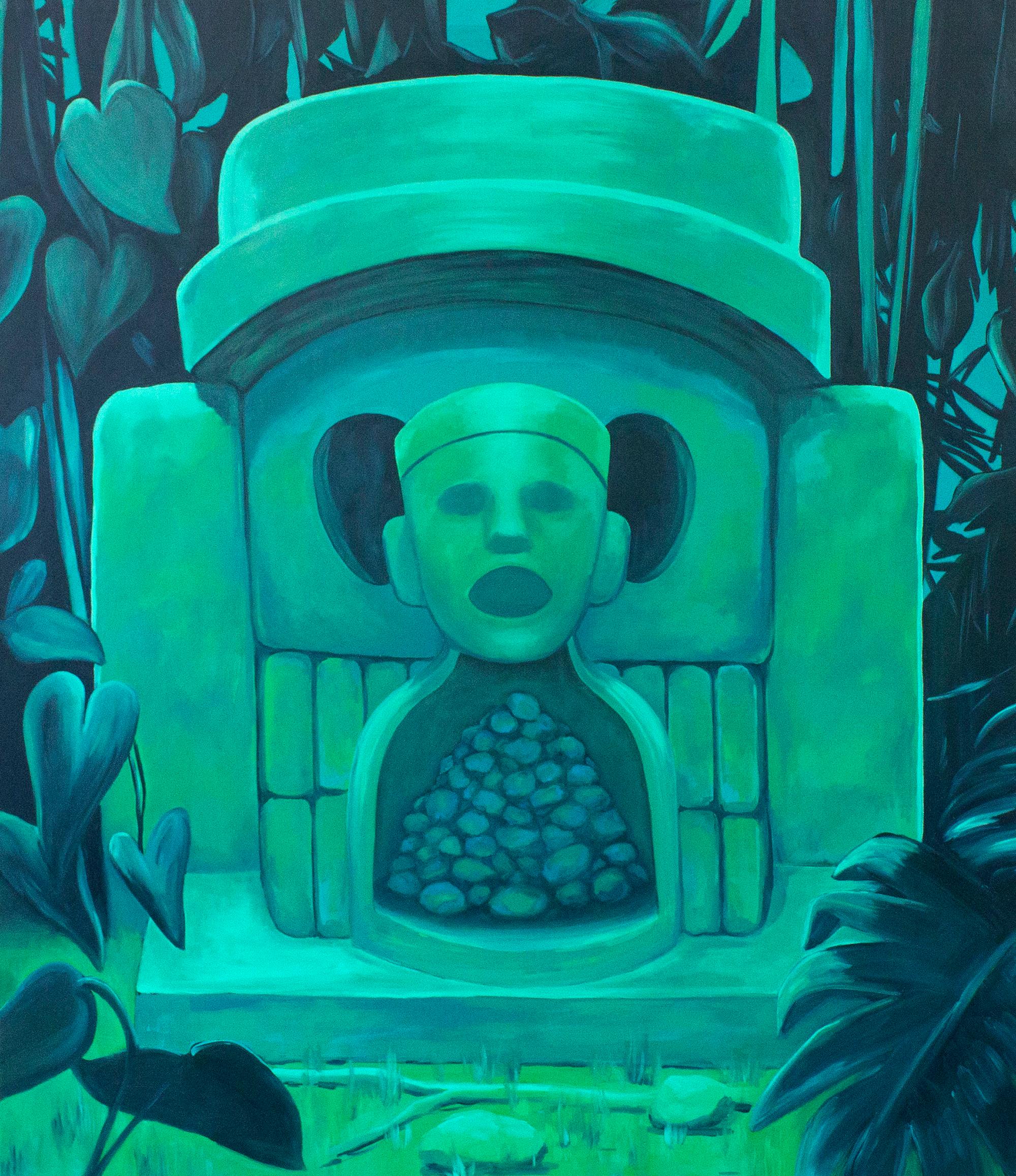 "HABÍA ANTES", oil painting on canvas, shrine, green, jungle, skull, coronavirus