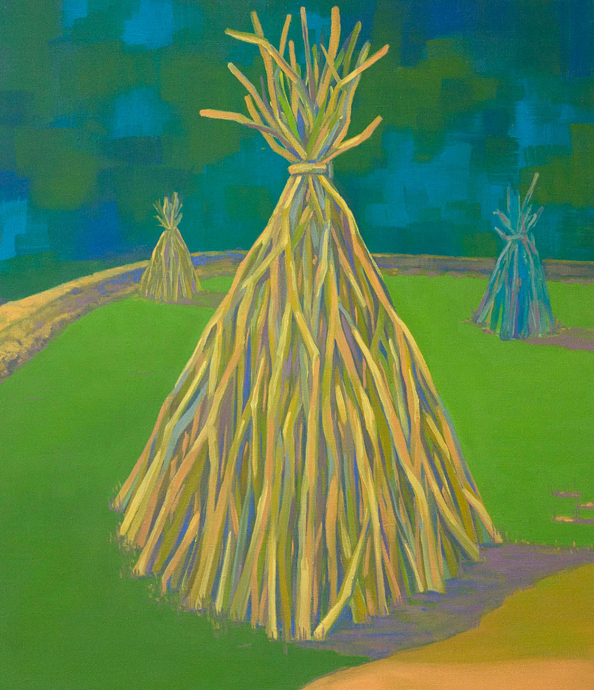 Anna Ortiz Figurative Painting - "TEE-PEES", oil painting on canvas, habitat, home, shelter, storm, wood, blue