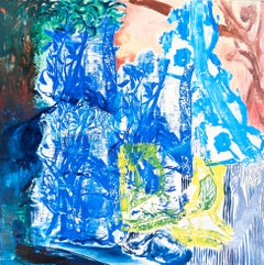 "BLUE REACH", silkscreen, oil painting on birch panel, landscape, sky, abstract