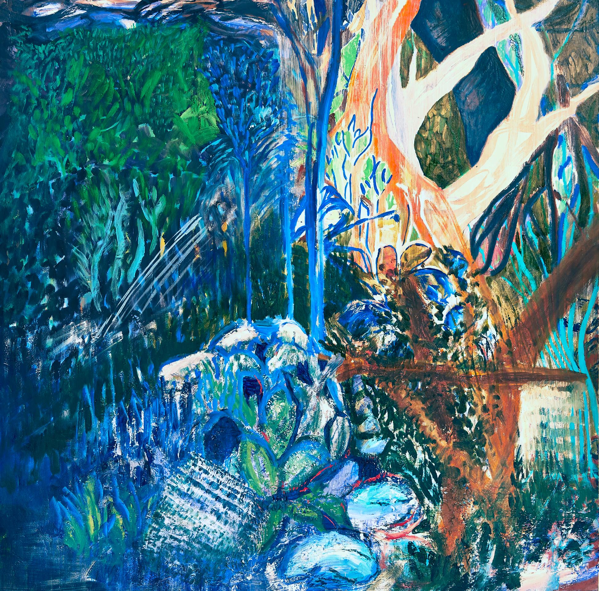 "WATER'S EDGE", silkscreen, oil paint, birch panel, landscape, abstract, forest