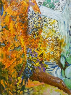 "ORANGE LIGHT", oil paint on birch panel, landscape, abstract, forest, creek