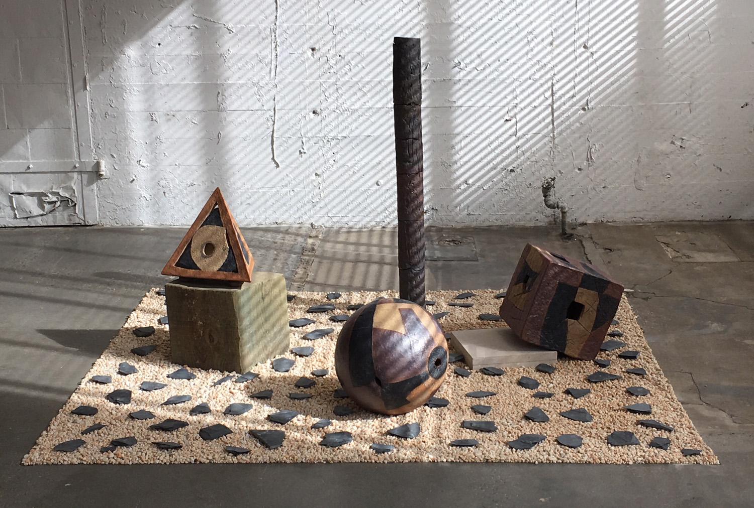"CUBE, PYRAMID & SPHERE", sculpture, clay, abstract, geometric, installation
