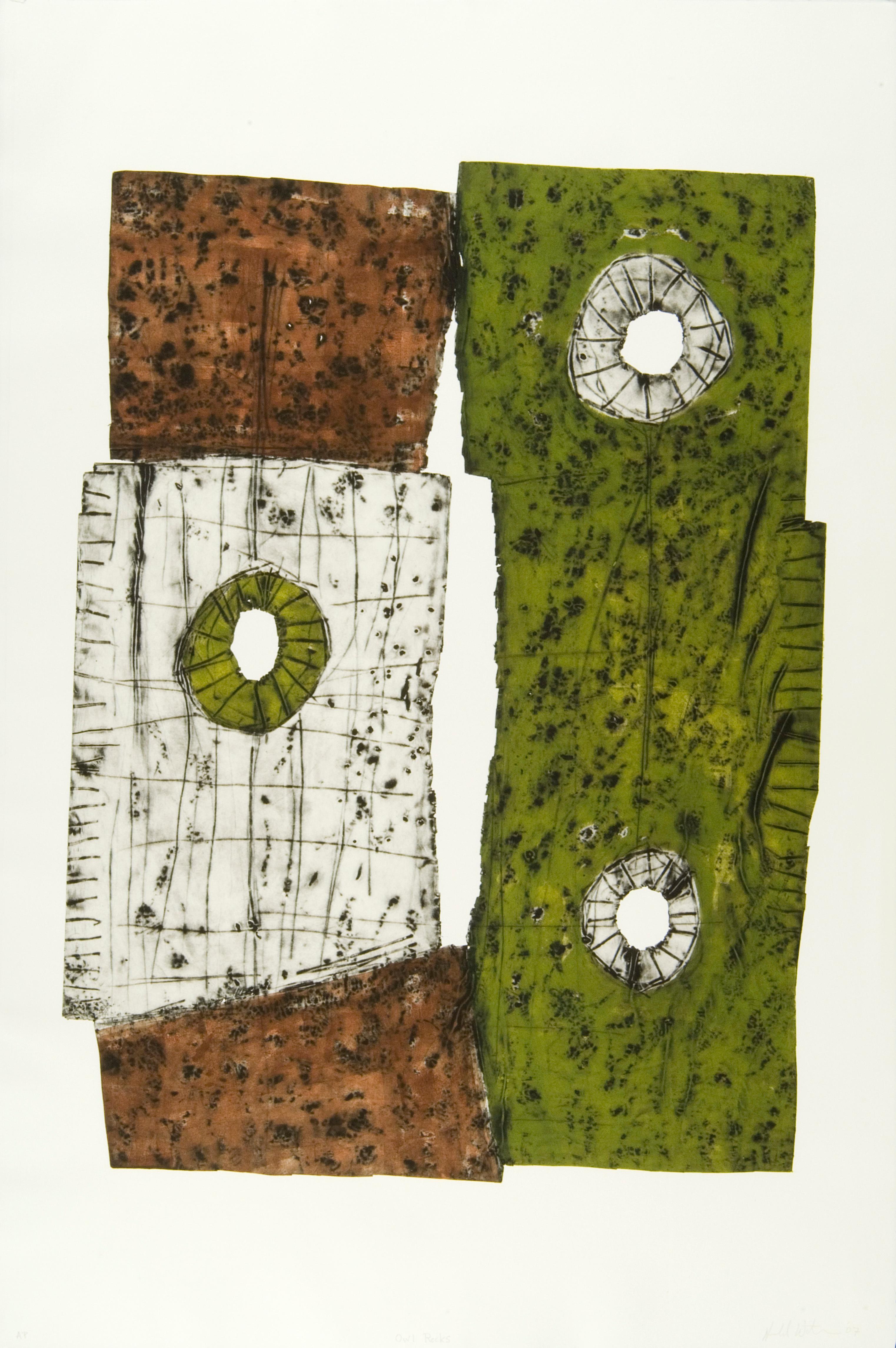 "OWL ROCK", print, hand-tooled aluminum intaglio, abstract contemporary, etching