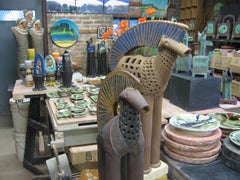 "BLUE HANDLE HORSE", stoneware clay sculpture, blue clay inlay, storybook equine