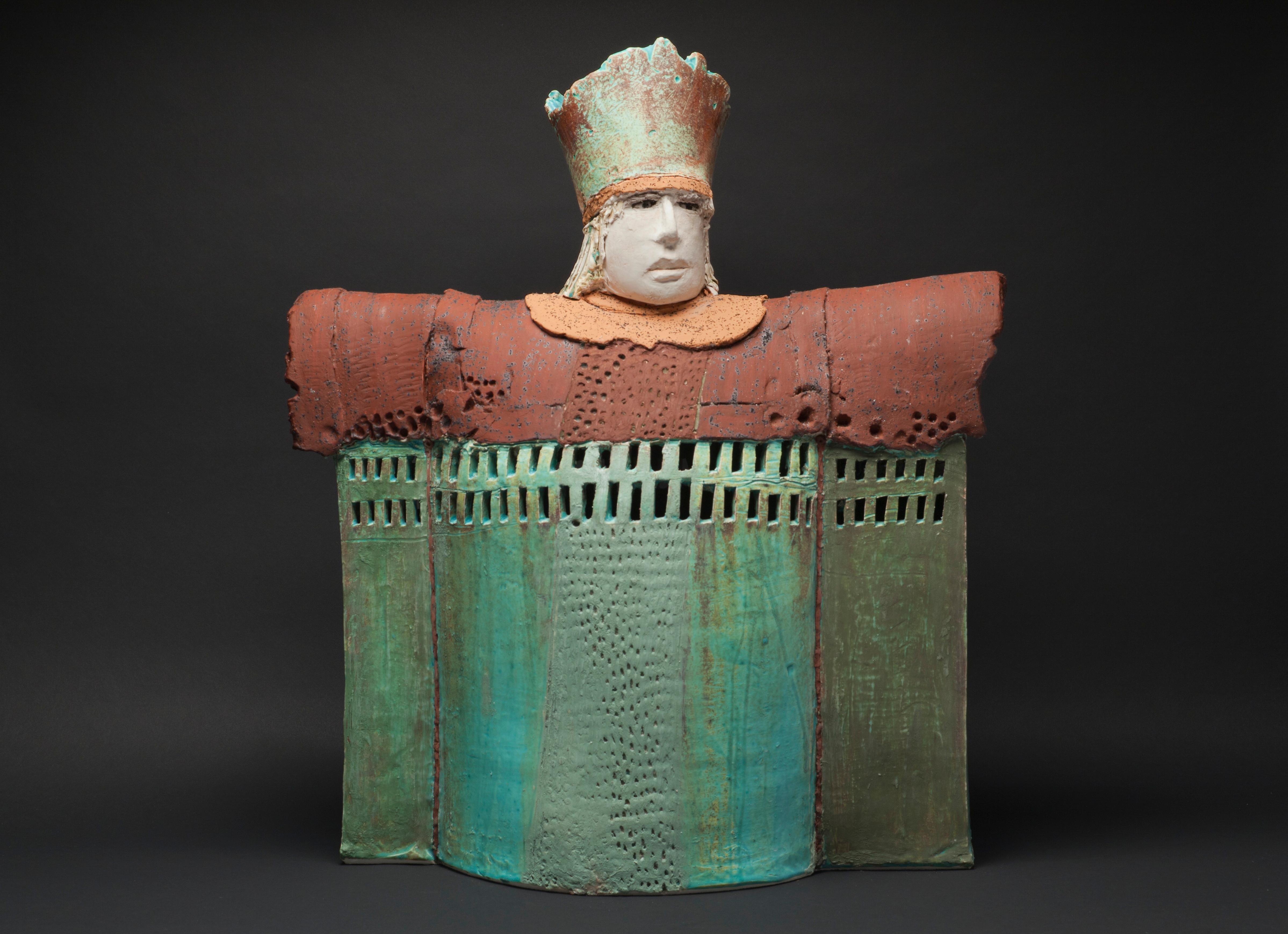 Rene Murray Still-Life Sculpture - "CASTLE CHANCELLOR", porcelain clay sculpture, turquoise glaze, royal court